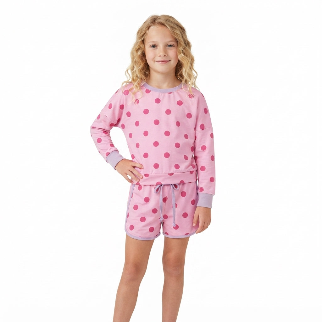 Baby Girls Pink Lavender Polka Dots Long Sleeve Top Skirt Short Clothes Set