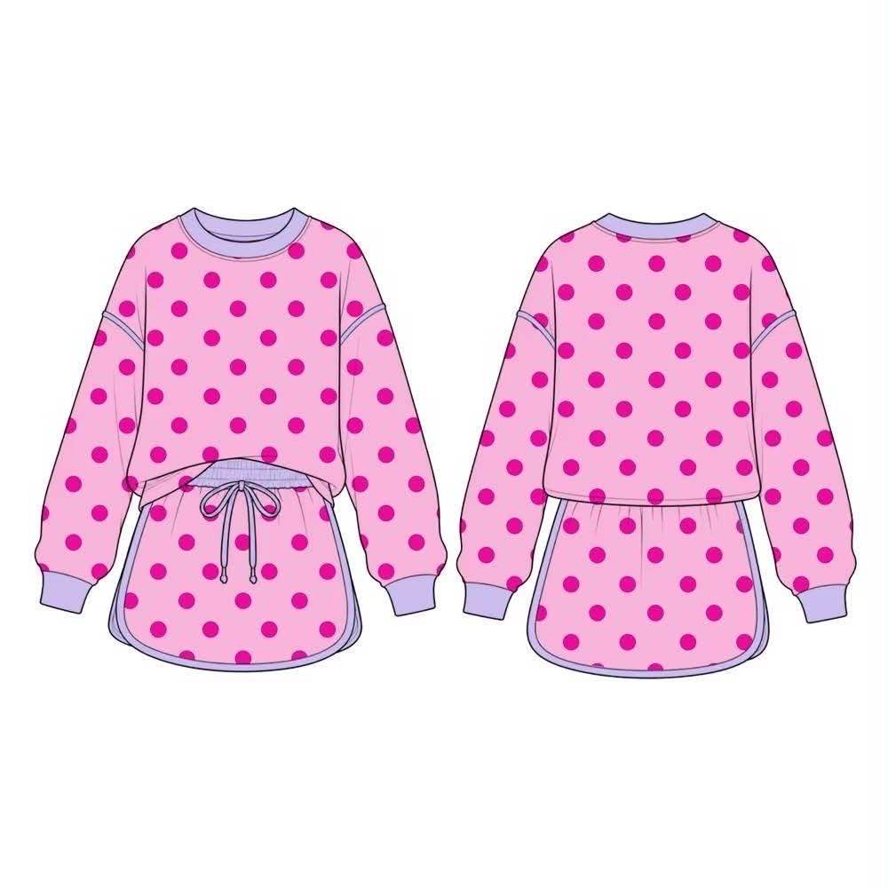 Preorder moq 5 Baby Girls Pink Polka Dots Long Sleeve Top Skirt Short Clothes Set