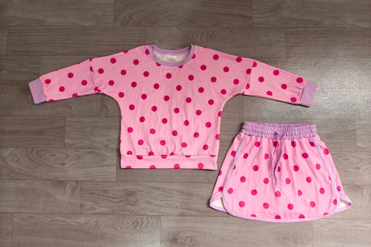 Baby Girls Pink Polka Dots Long Sleeve Top Skirt Short Clothes Set Preorder