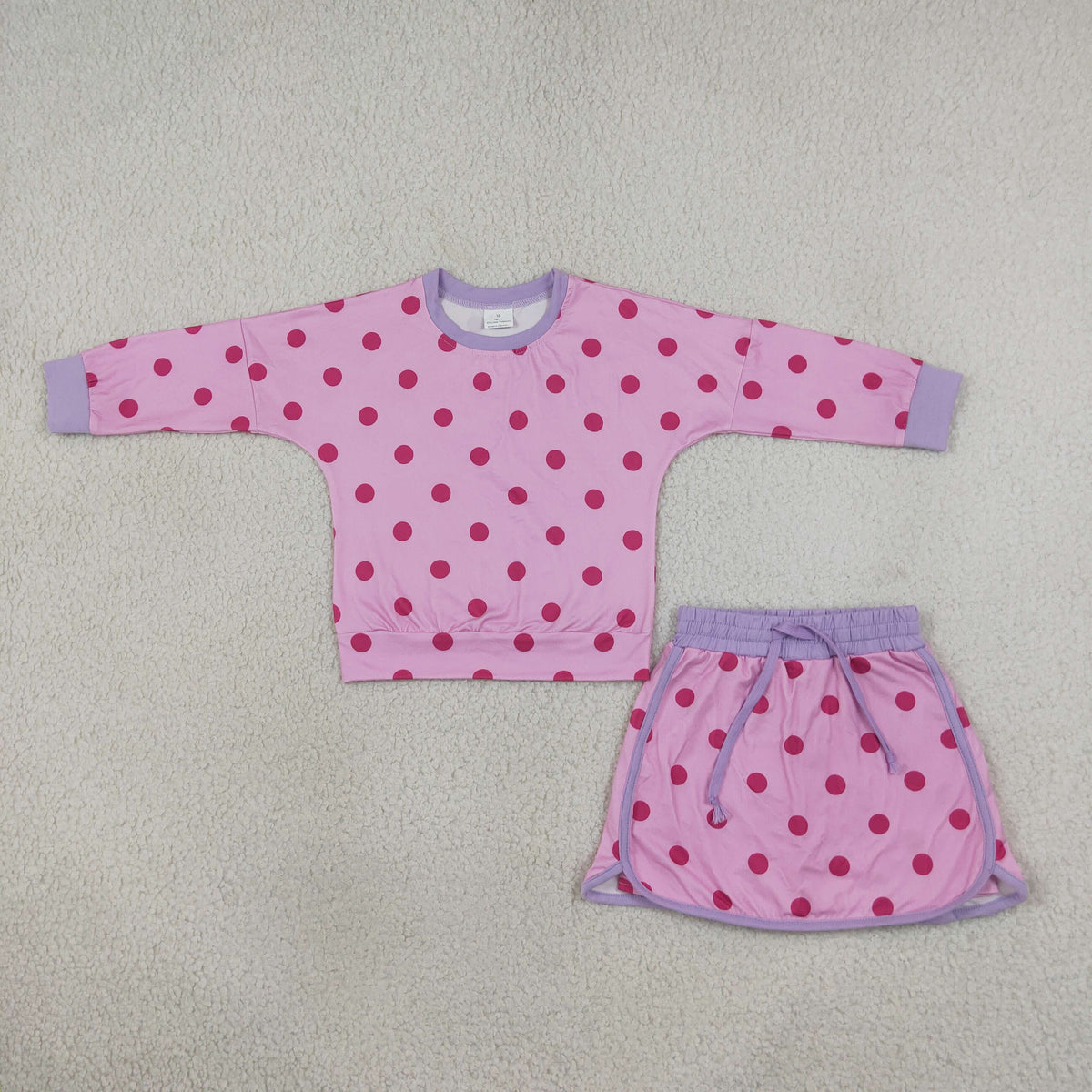 Baby Girls Pink Lavender Polka Dots Long Sleeve Top Skirt Short Clothes Set