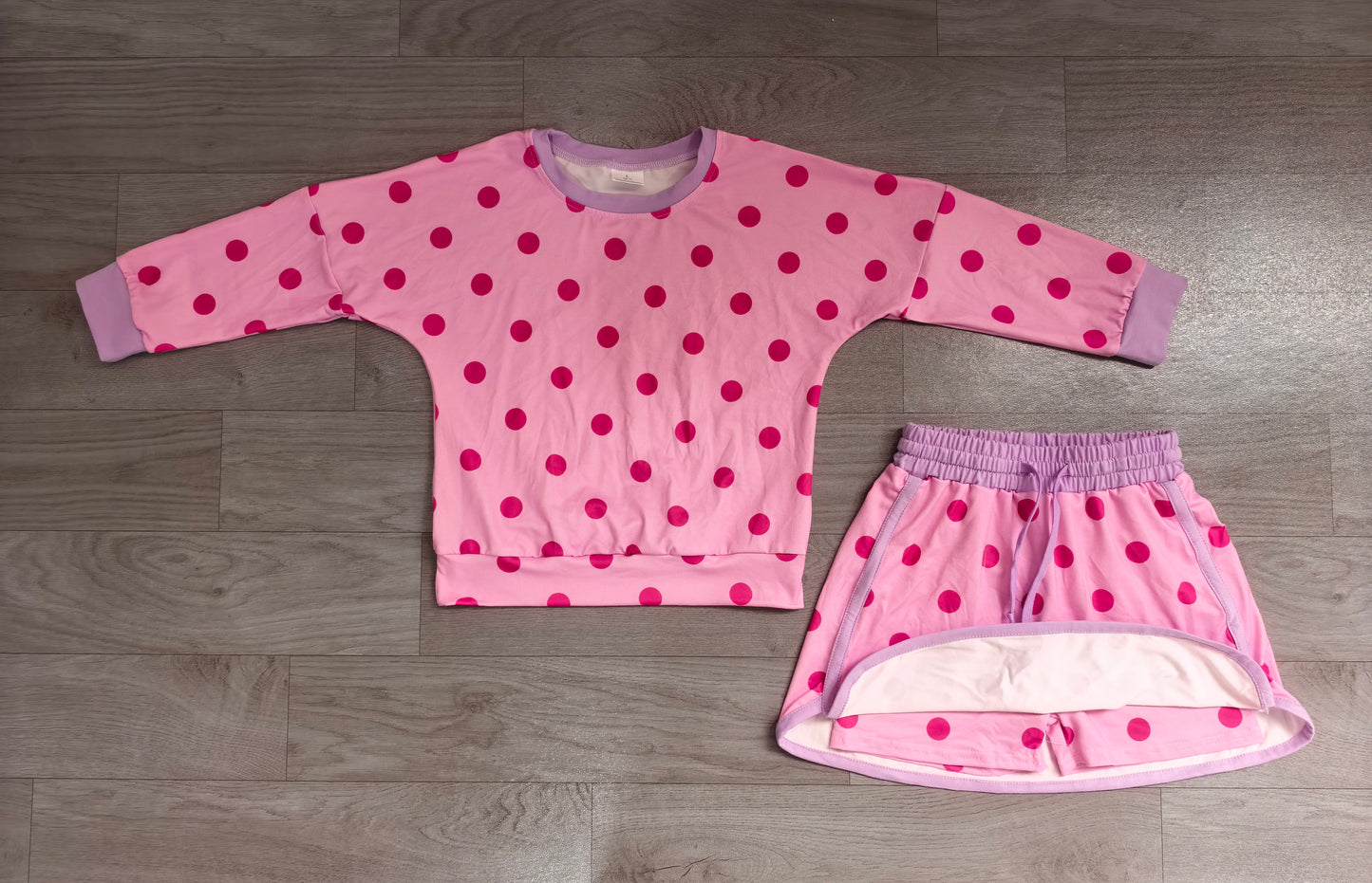 Baby Girls Pink Polka Dots Long Sleeve Top Skirt Short Clothes Set Preorder