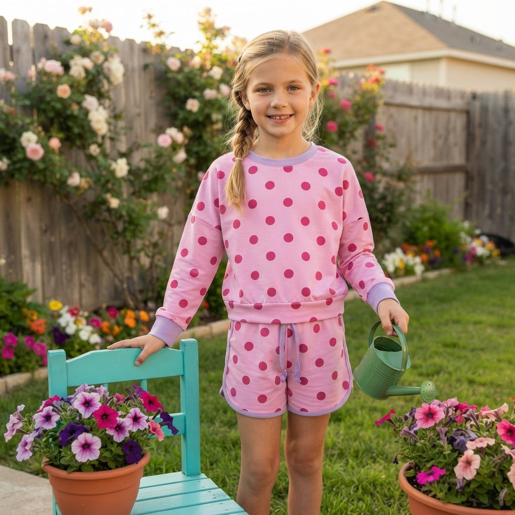 Baby Girls Pink Lavender Polka Dots Long Sleeve Top Skirt Short Clothes Set