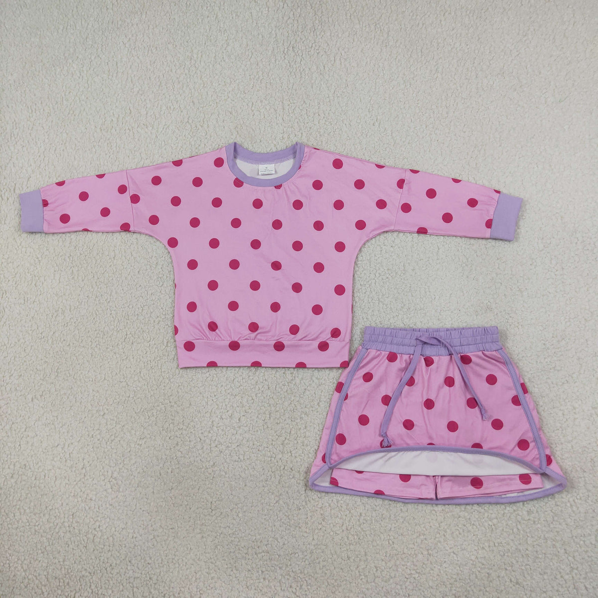 Baby Girls Pink Lavender Polka Dots Long Sleeve Top Skirt Short Clothes Set