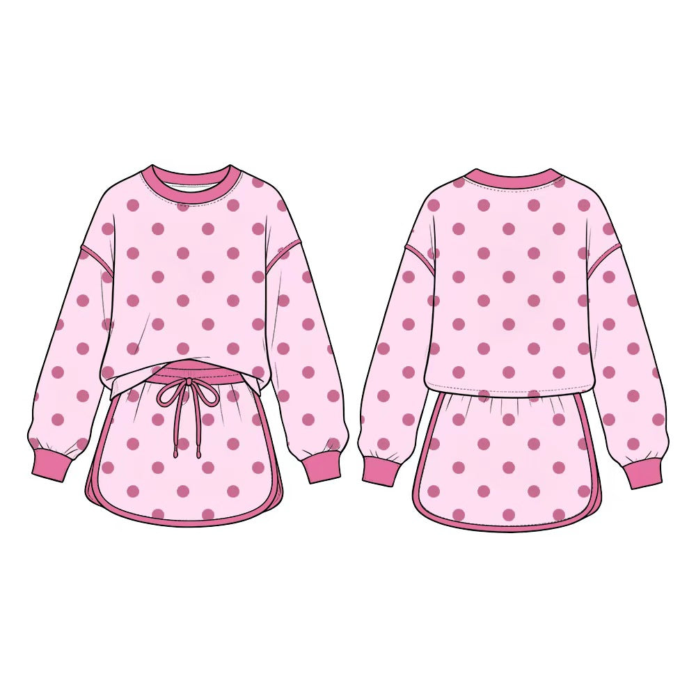 Preorder moq 5 Baby Girls Light Pink Polka Dots Long Sleeve Top Skirt Short Clothes Set