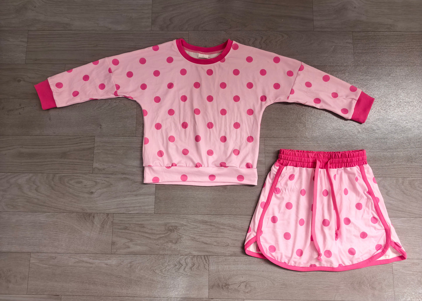 Baby Girls Light Pink Polka Dots Long Sleeve Top Skirt Short Clothes Set Preorder