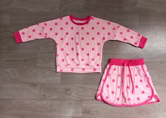 Baby Girls Light Pink Polka Dots Long Sleeve Top Skirt Short Clothes Set Preorder