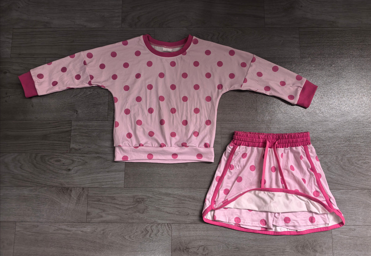 Baby Girls Light Pink Polka Dots Long Sleeve Top Skirt Short Clothes Set Preorder