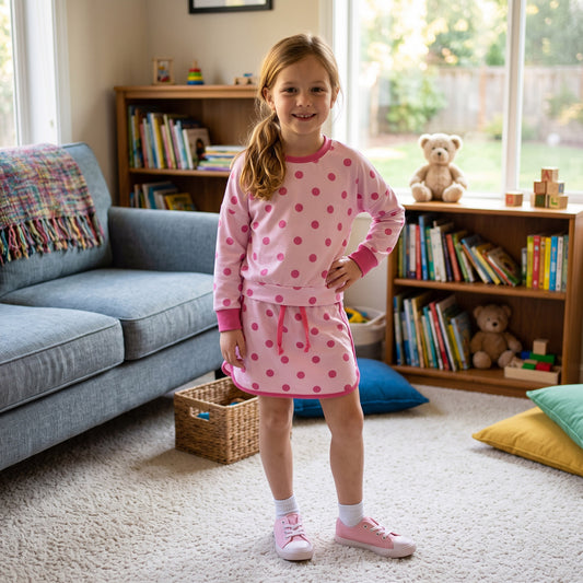 Baby Girls Pink Polka Dots Long Sleeve Top Skirt Short Clothes Set