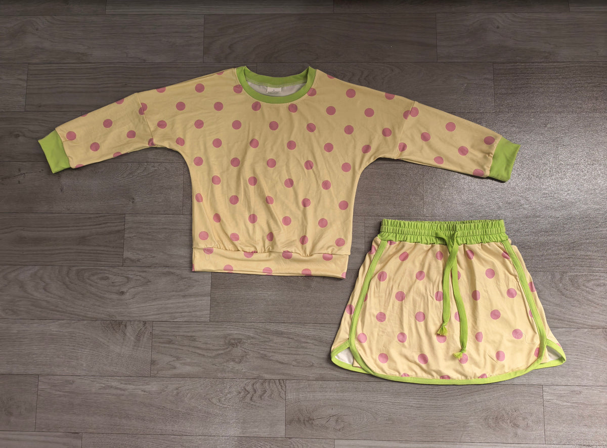 Baby Girls Yellow Polka Dots Long Sleeve Top Skirt Short Clothes Set Preorder