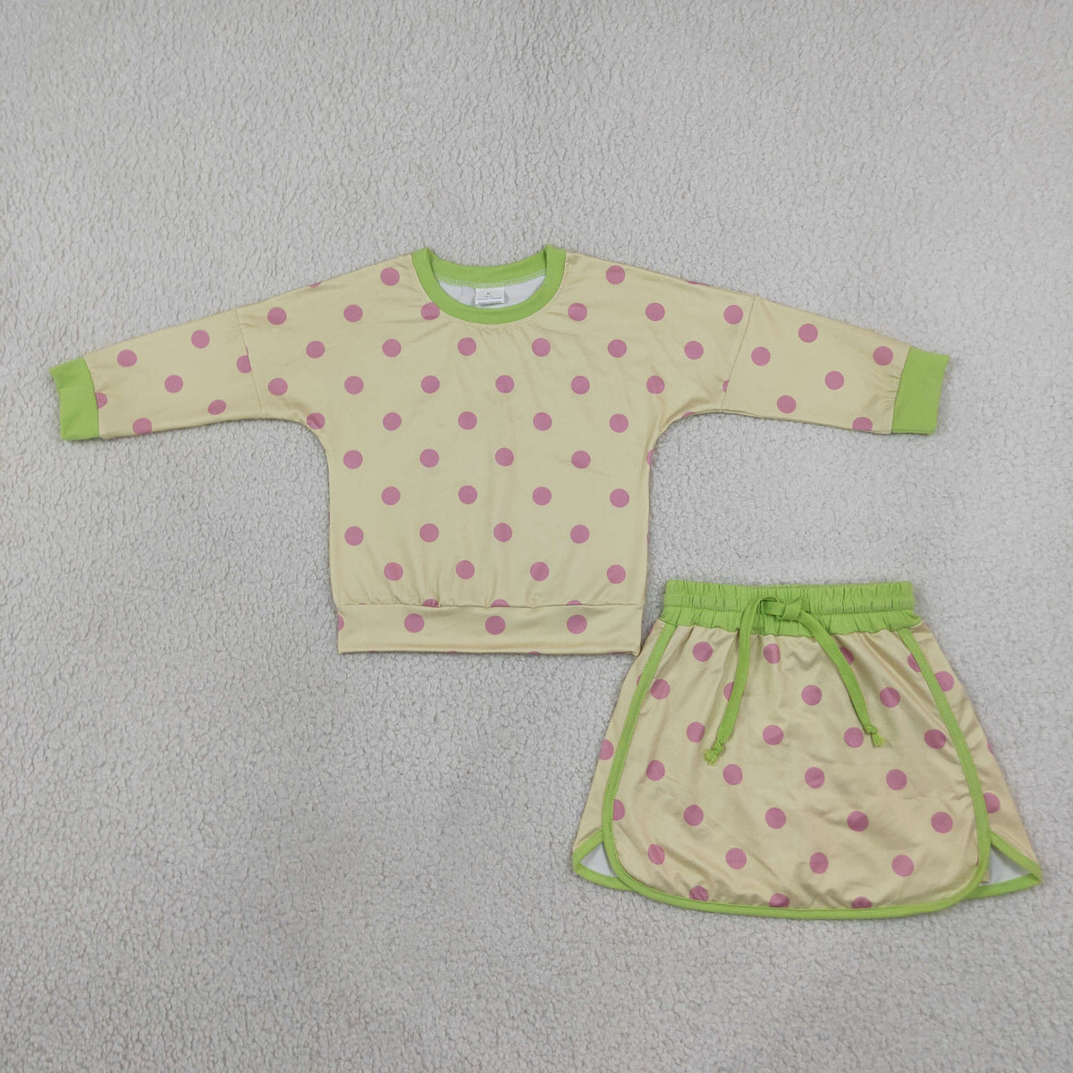 Baby Girls Green Yellow Polka Dots Long Sleeve Top Skirt Short Clothes Set