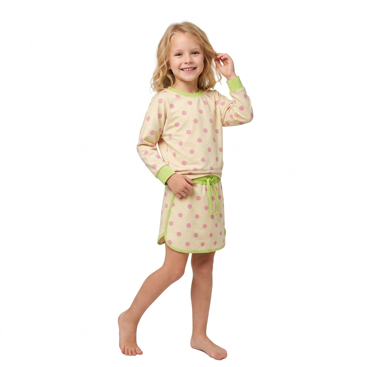 Baby Girls Green Yellow Polka Dots Long Sleeve Top Skirt Short Clothes Set