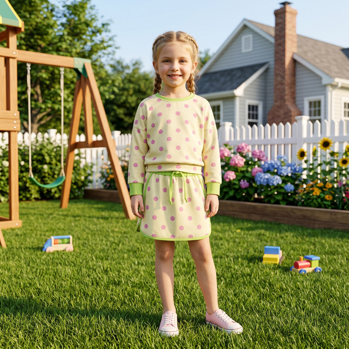 Baby Girls Green Yellow Polka Dots Long Sleeve Top Skirt Short Clothes Set