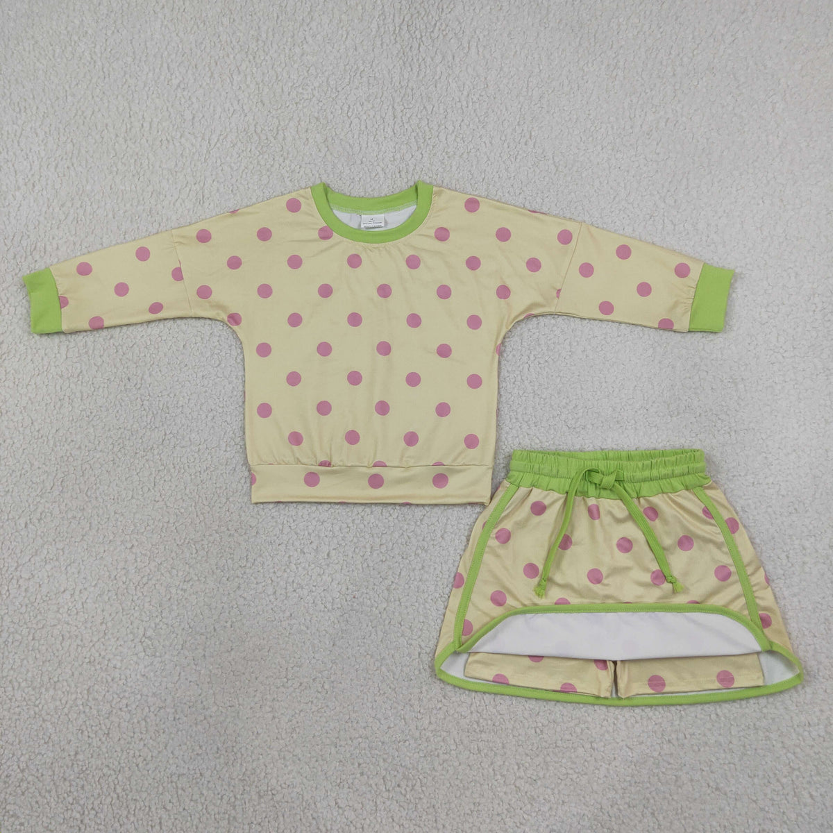 Baby Girls Green Yellow Polka Dots Long Sleeve Top Skirt Short Clothes Set