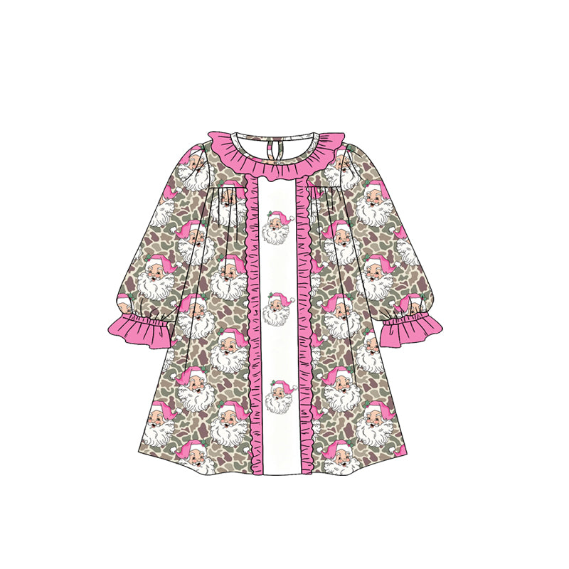 Preorder moq 5 Baby Girls Khaki Camo Santa Christmas Knee Length Dress
