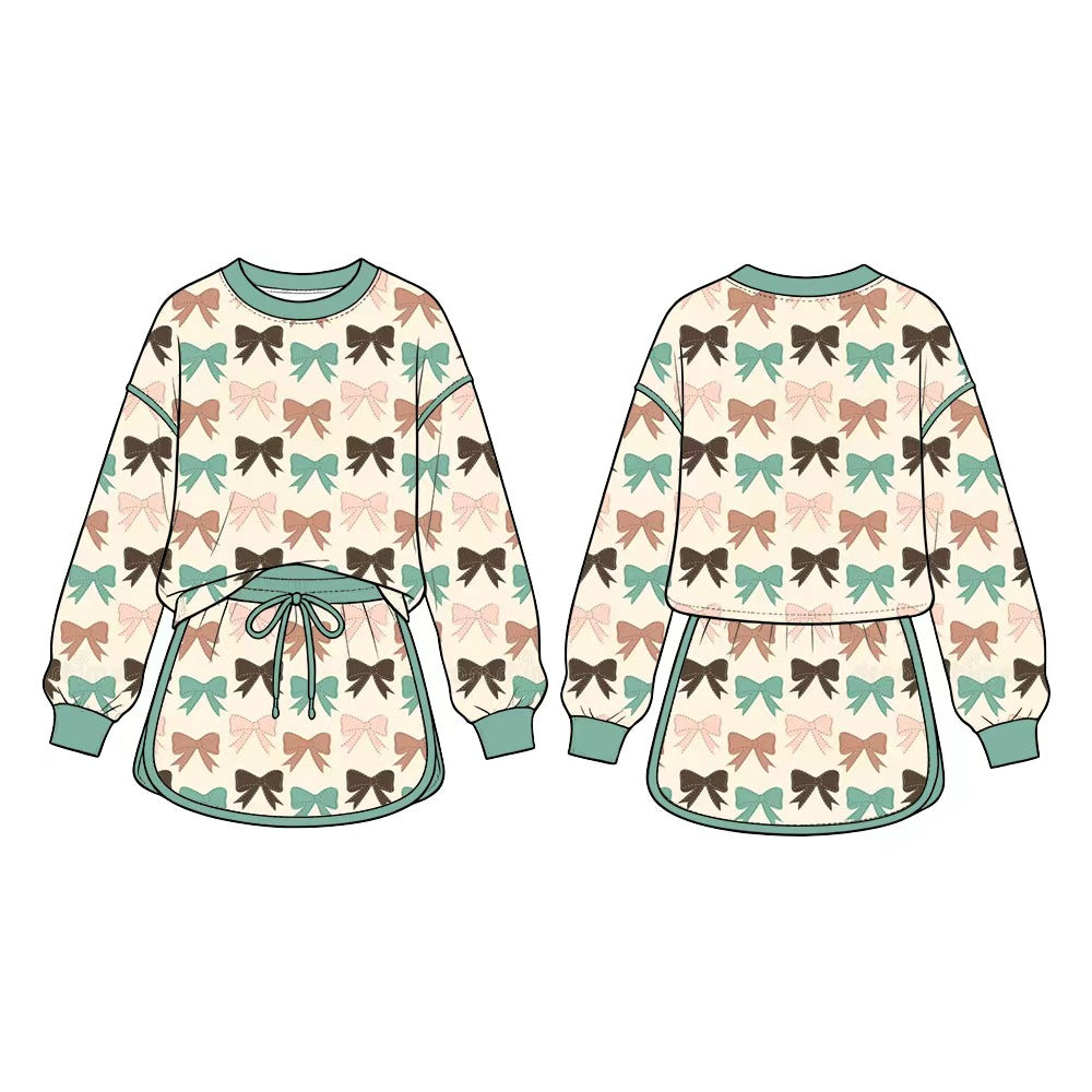 Preorder moq 5 Baby Girls Long Sleeve Colorful Bows Top Skirt Short Clothes Set