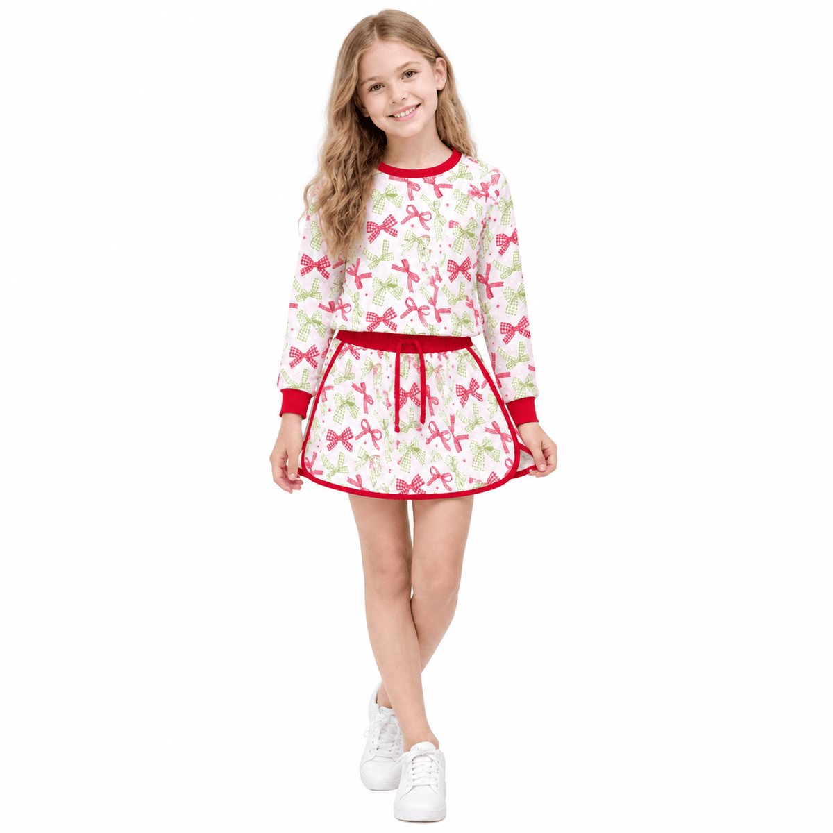 Baby Girls Red Green Bows Long Sleeve Top Skirt Short Clothes Set