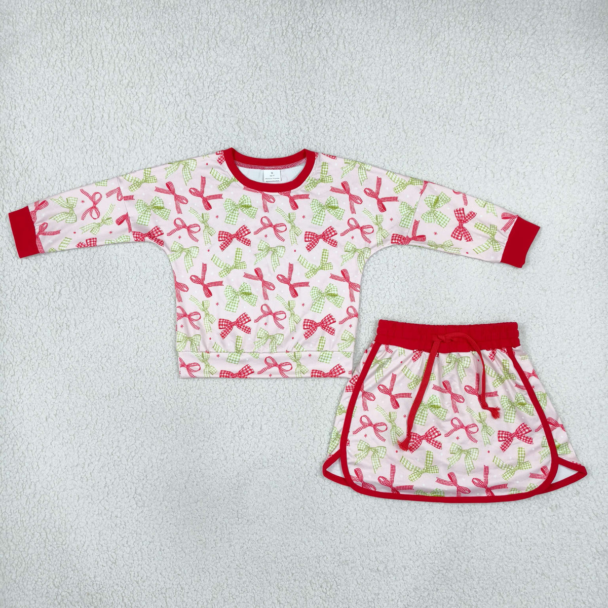 Baby Girls Red Green Bows Long Sleeve Top Skirt Short Clothes Set