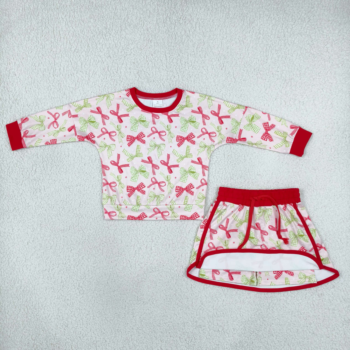 Baby Girls Red Green Bows Long Sleeve Top Skirt Short Clothes Set