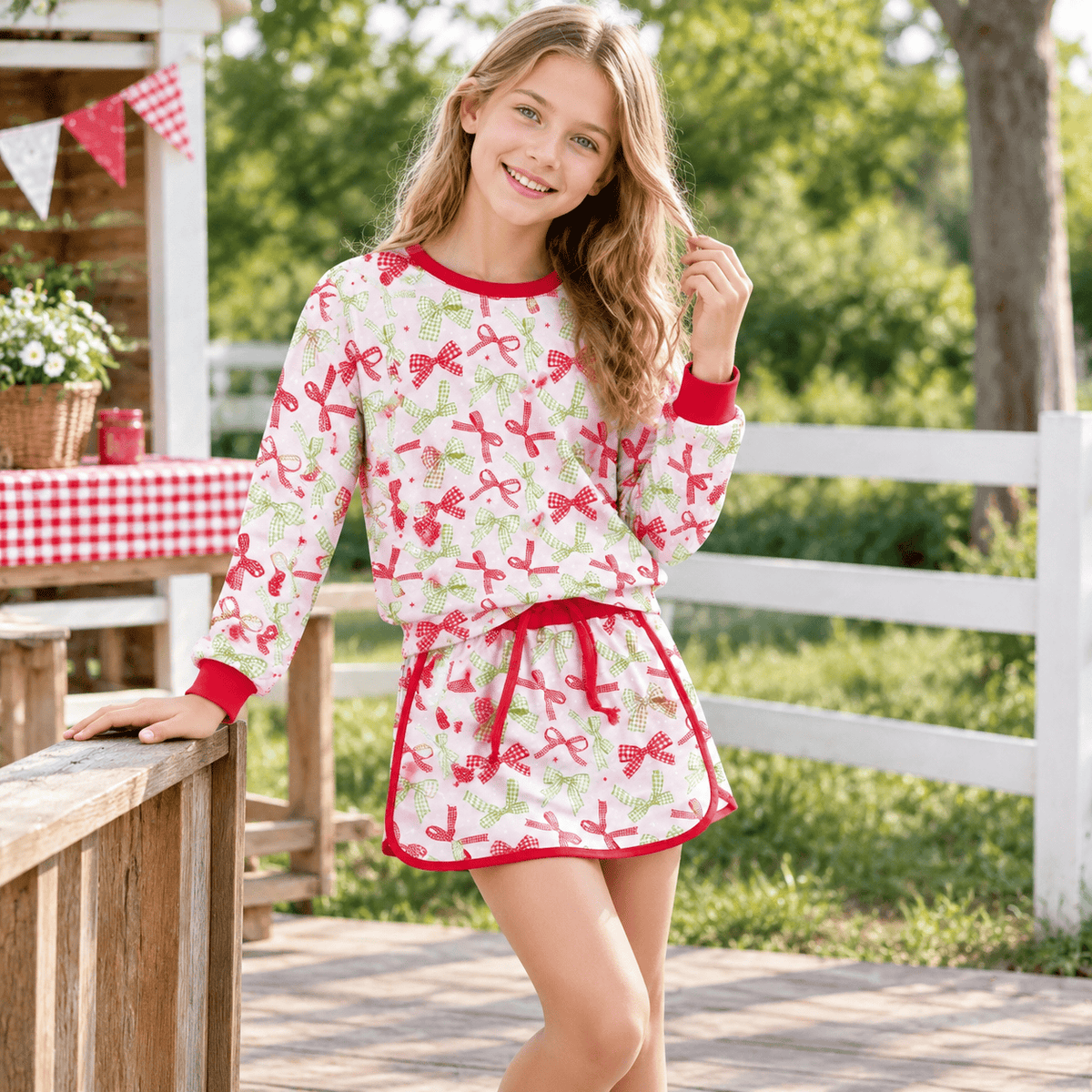 Baby Girls Red Green Bows Long Sleeve Top Skirt Short Clothes Set