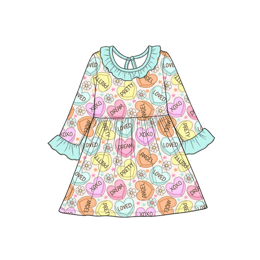 Preorder moq 5 Baby Girls Long Ruffle Sleeve Flowers XOXO Valentines Knee Length Dress