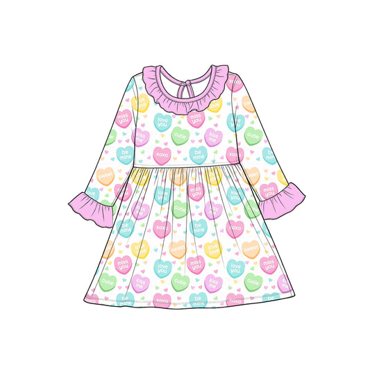 Preorder moq 5 Baby Girls Long Ruffle Sleeve Hearts XOXO Valentines Knee Length Dress