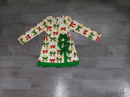 Baby Girls Green Red Bows Christmas Yoga Active Short Scallop Knee Length Dress Preorder