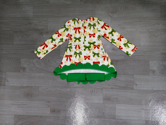 Baby Girls Green Red Bows Christmas Yoga Active Short Scallop Knee Length Dress Preorder