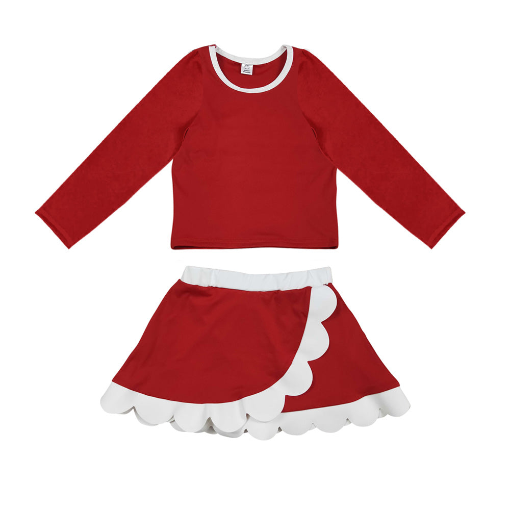 Preorder moq 5 Baby Girls Red White Long Sleeve Top Scallop Skirt Short Yoga Active Clothes Set