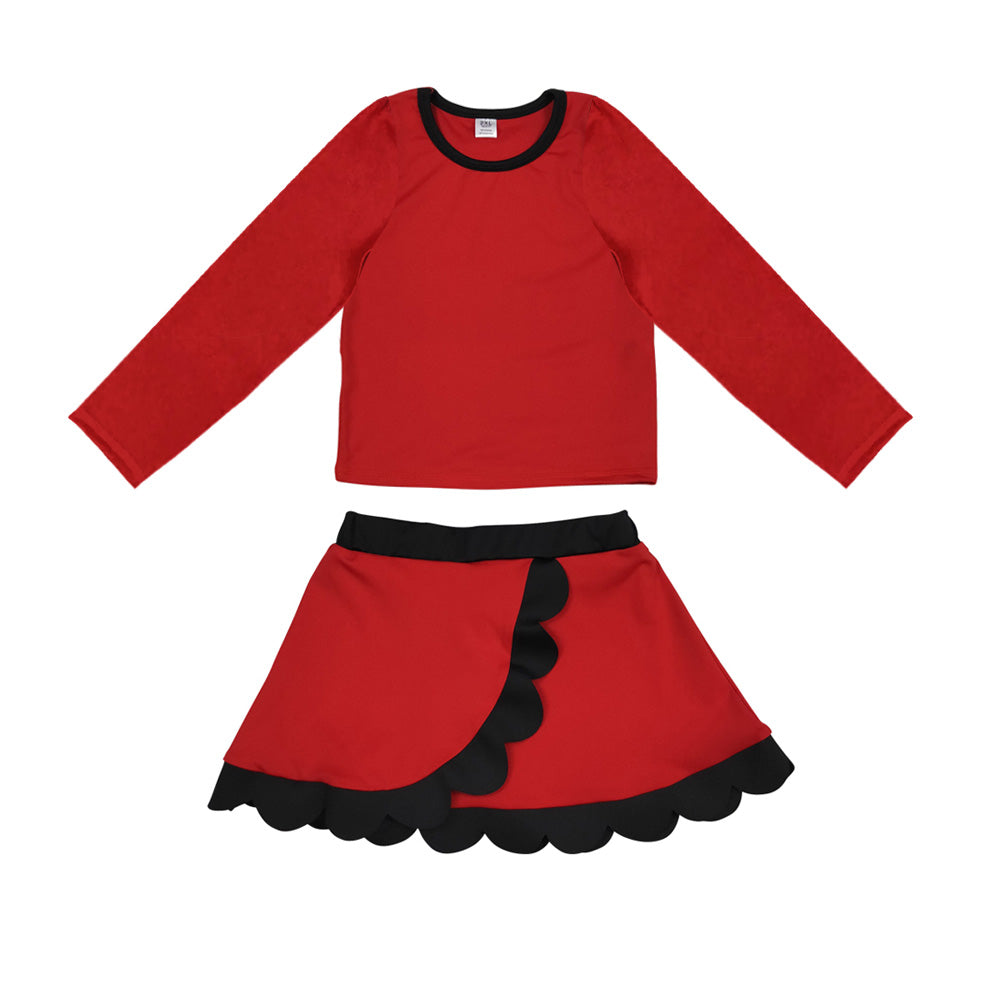 Preorder moq 5 Baby Girls Red Black Long Sleeve Top Scallop Skirt Short Yoga Active Clothes Set