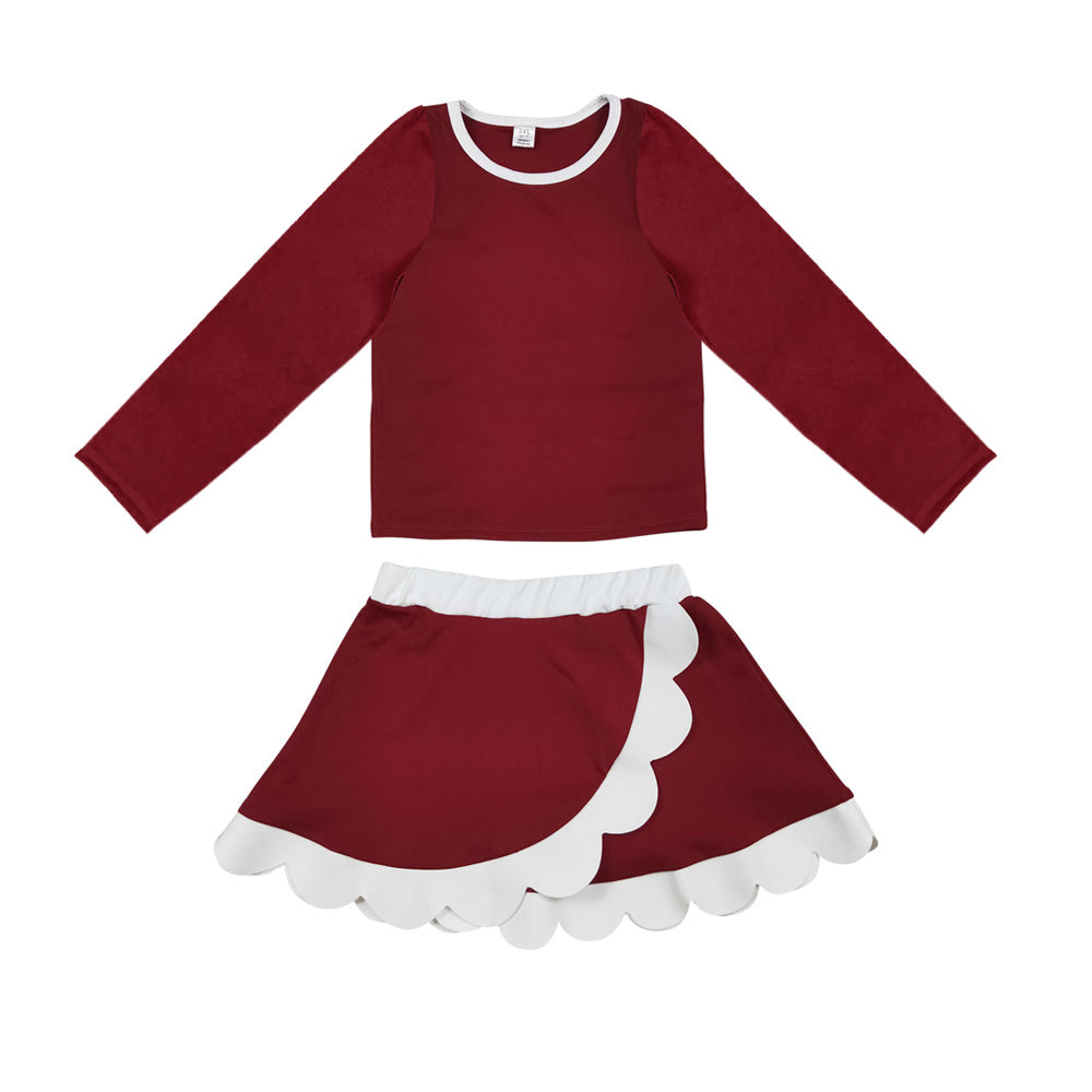Preorder moq 5 Baby Girls Maroon White Long Sleeve Top Scallop Skirt Short Yoga Active Clothes Set