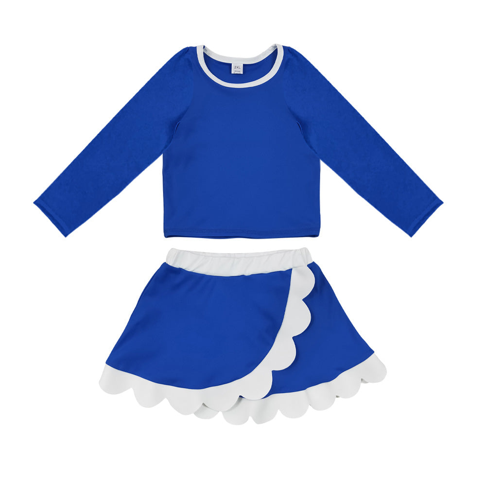 Preorder moq 5 Baby Girls Blue White Long Sleeve Top Scallop Skirt Short Yoga Active Clothes Set
