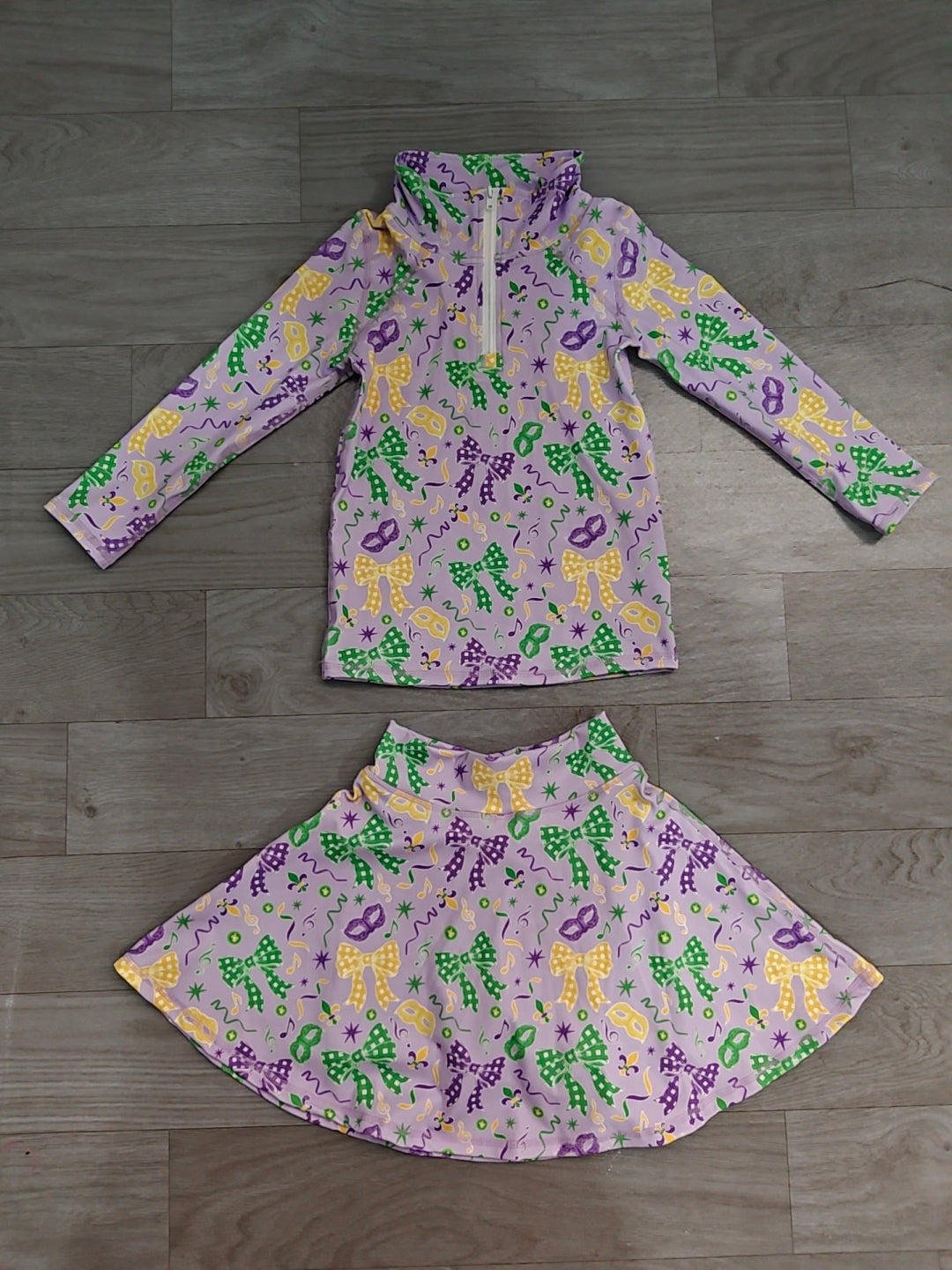 Baby Girls Bows Masks Zip Pullover Skirt Short Mardigras Yoga Active Clothes Set Preorder