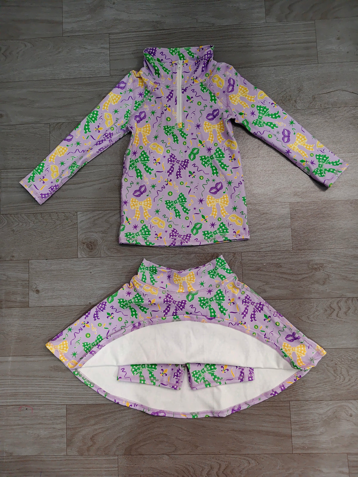 Baby Girls Bows Masks Zip Pullover Skirt Short Mardigras Yoga Active Clothes Set Preorder