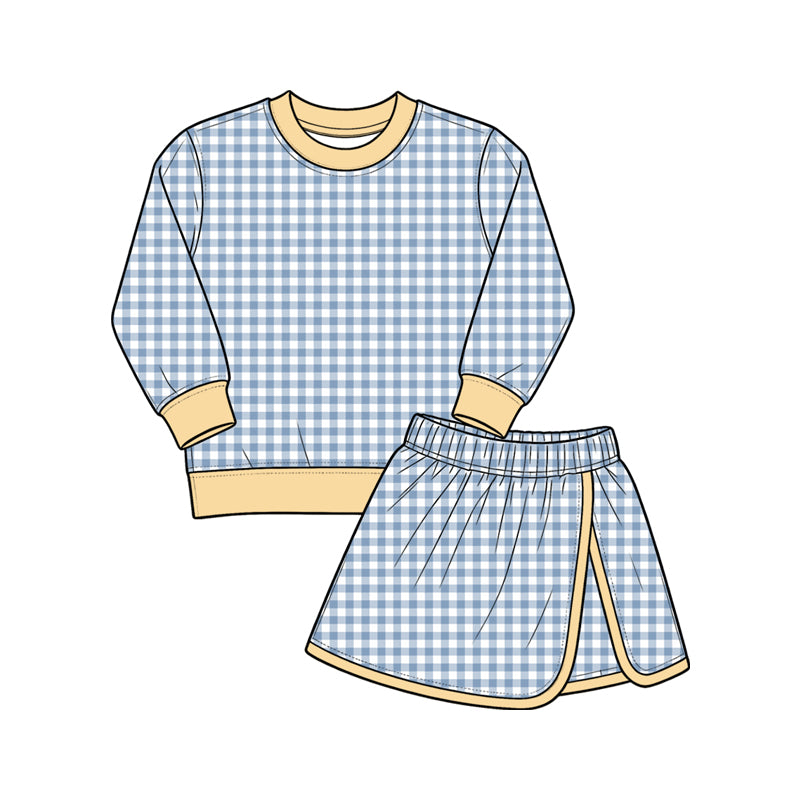 Baby Girls Light Blue Checked Long Sleeve Top Skirt Short Yoga Active Clothes Set Preorder