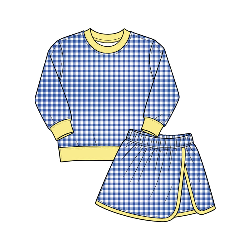 Baby Girls Blue Checked Long Sleeve Top Skirt Short Yoga Active Clothes Set Preorder