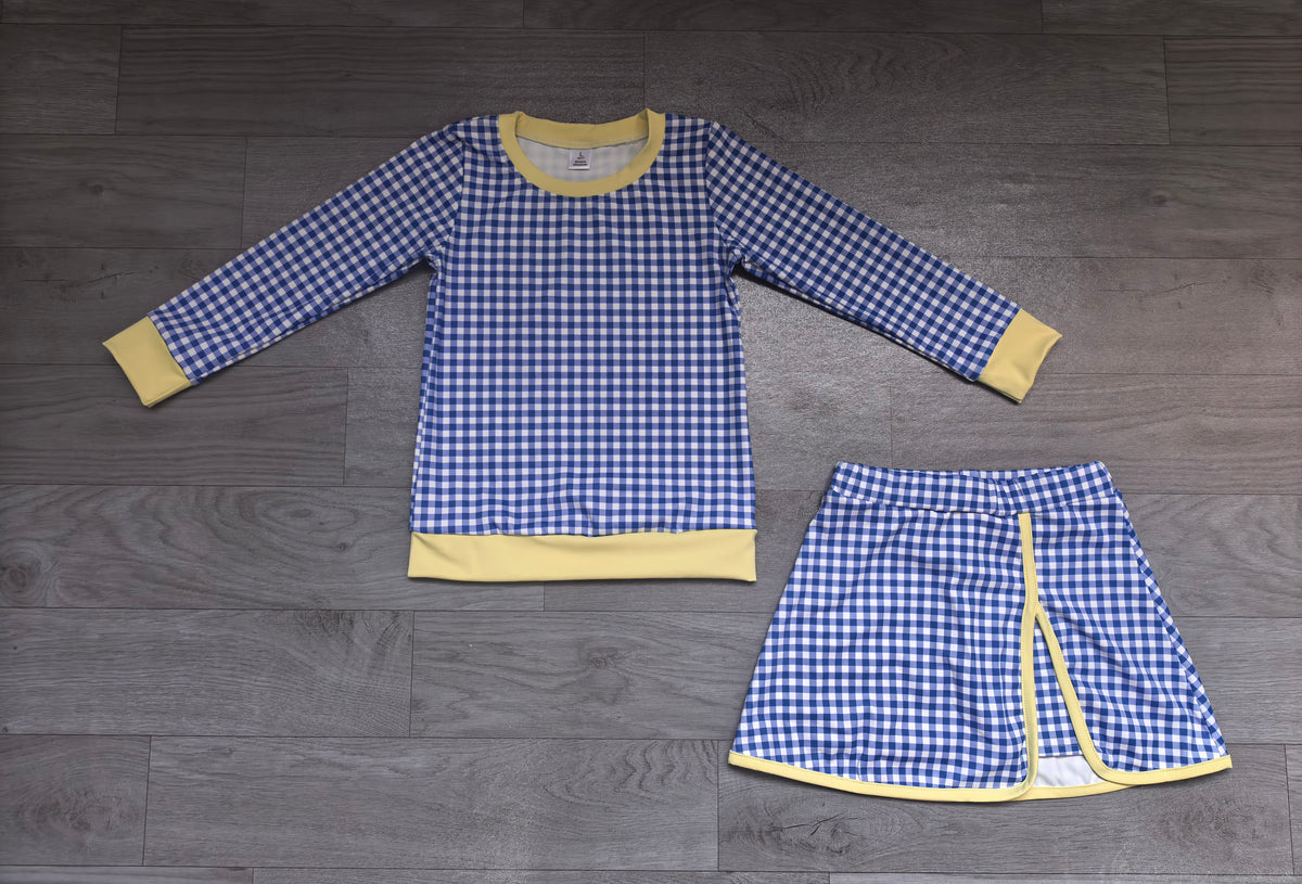 Baby Girls Blue Checked Long Sleeve Top Skirt Short Yoga Active Clothes Set Preorder