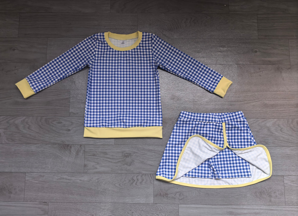 Baby Girls Blue Checked Long Sleeve Top Skirt Short Yoga Active Clothes Set Preorder