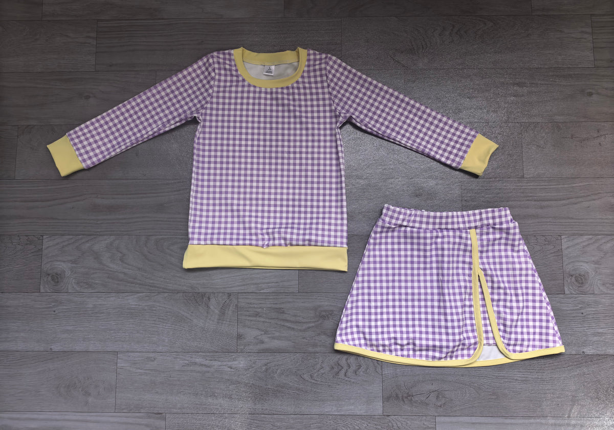 Baby Girls Lavender Checked Long Sleeve Top Skirt Short Yoga Active Clothes Set Preorder