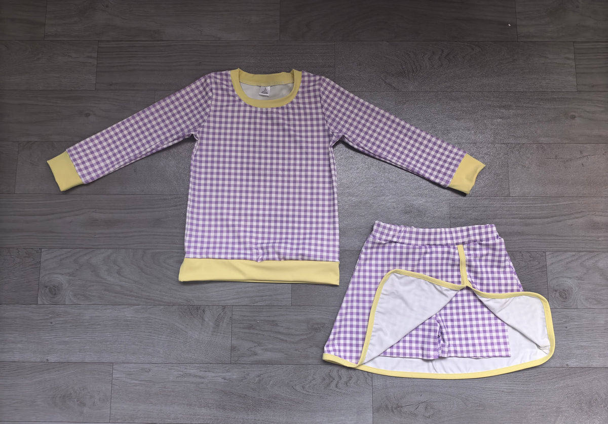 Baby Girls Lavender Checked Long Sleeve Top Skirt Short Yoga Active Clothes Set Preorder