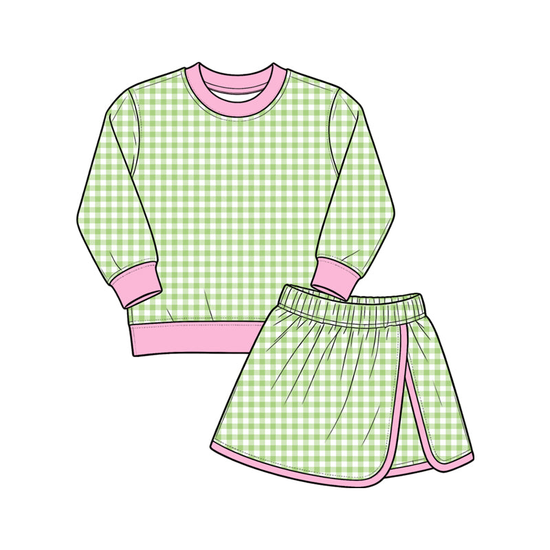 Baby Girls Green Checked Long Sleeve Top Skirt Short Yoga Active Clothes Set Preorder