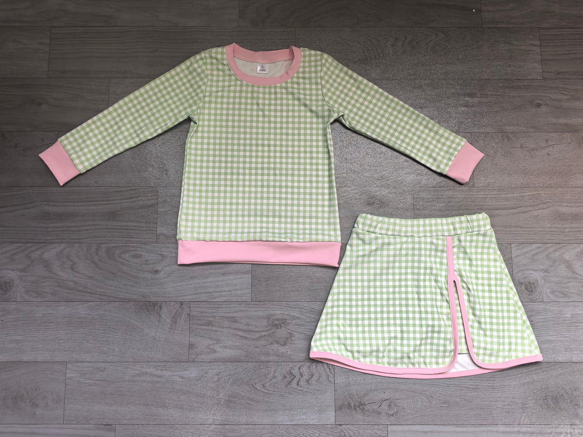 Baby Girls Green Checked Long Sleeve Top Skirt Short Yoga Active Clothes Set Preorder