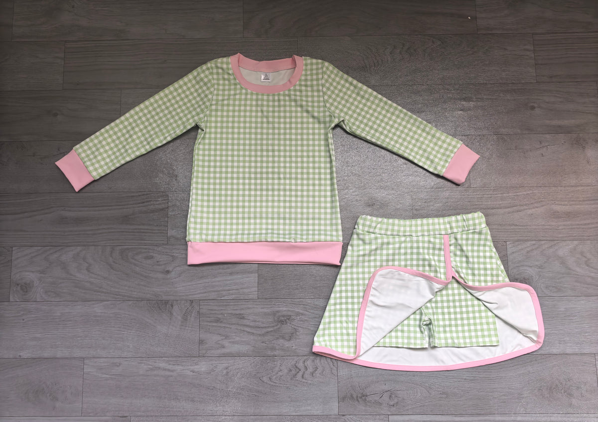 Baby Girls Green Checked Long Sleeve Top Skirt Short Yoga Active Clothes Set Preorder