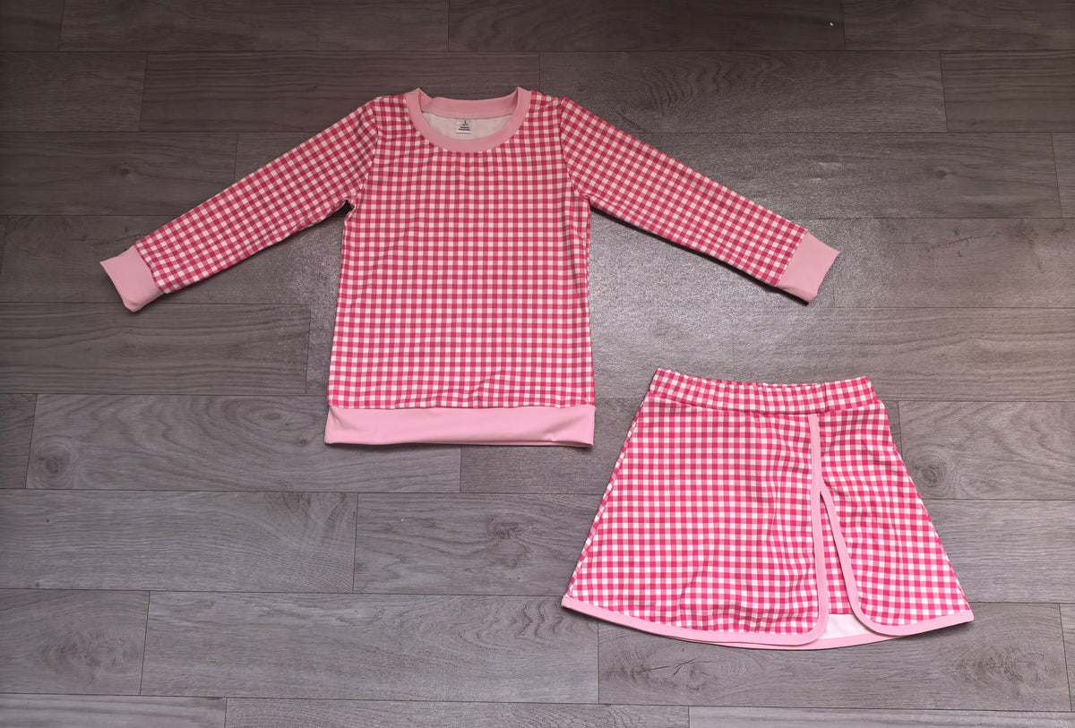 Baby Girls Pink Checked Long Sleeve Top Skirt Short Yoga Active Clothes Set Preorder