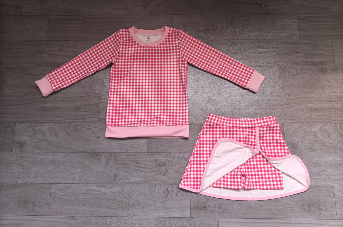 Baby Girls Pink Checked Long Sleeve Top Skirt Short Yoga Active Clothes Set Preorder