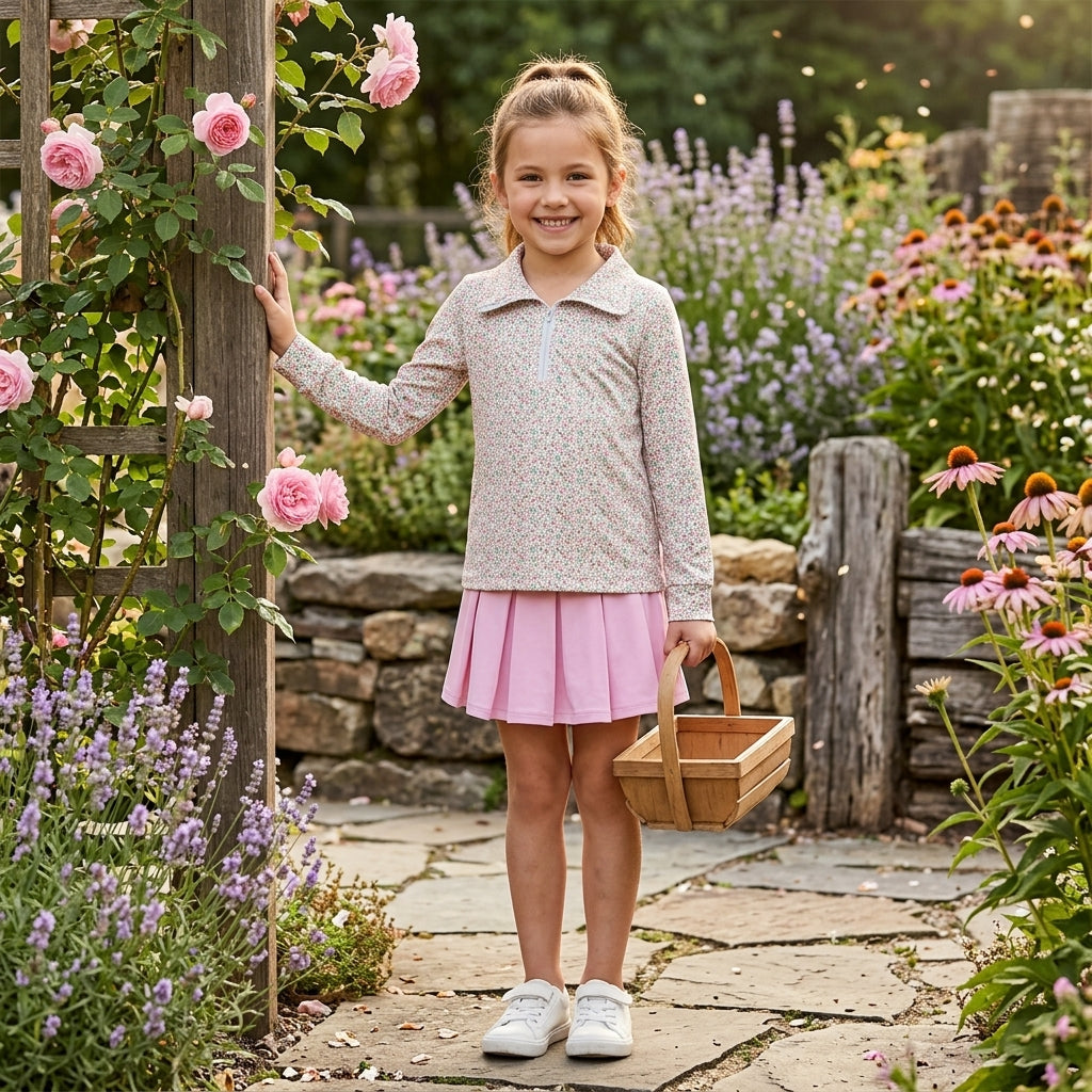 Baby Girls Pink Small Flowers Zip Pullover Yoga Active Skirt Shorts Clothes Sets