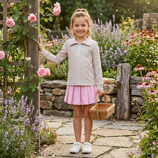 Baby Girls Pink Small Flowers Zip Pullover Yoga Active Skirt Shorts Clothes Sets