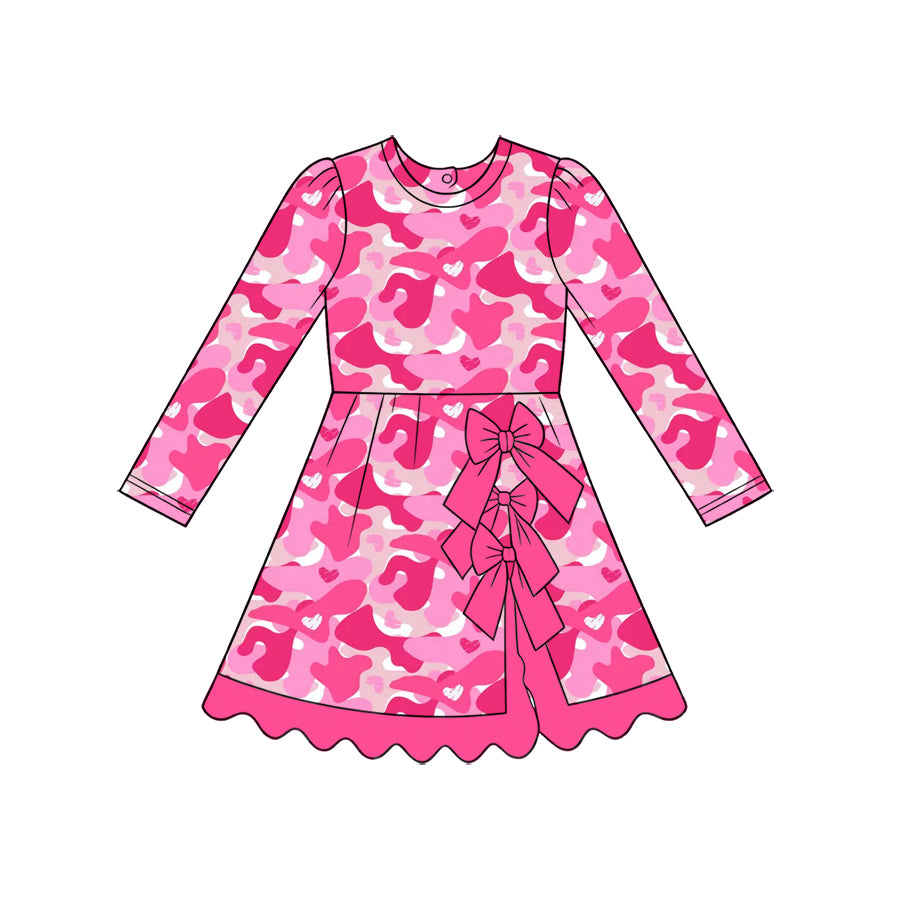 Baby Girls Hearts Camo Valentines Yoga Active Short Bows Scallop Knee Length Dress Preorder