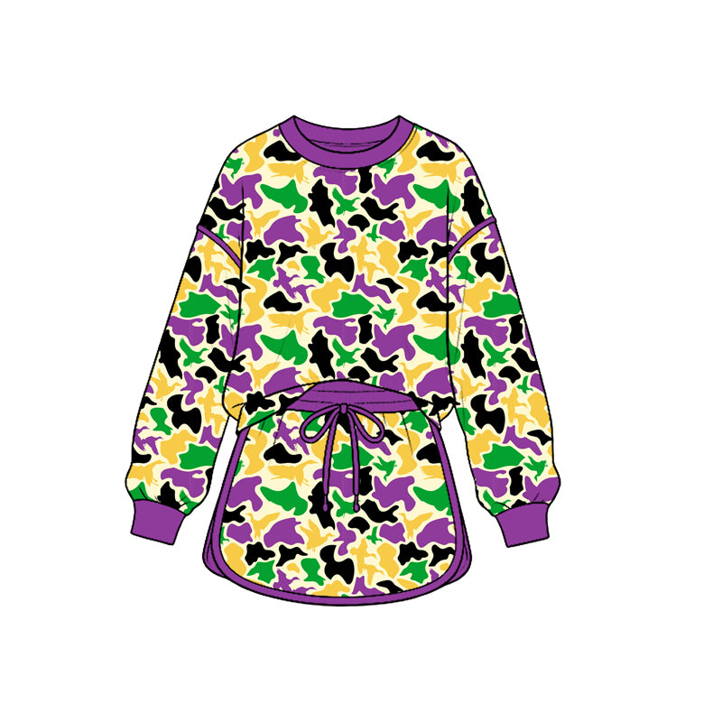 Baby Girls Long Sleeve Mardigras Ducks Camo Top Skirt Short Hunting Clothes Set Preorder