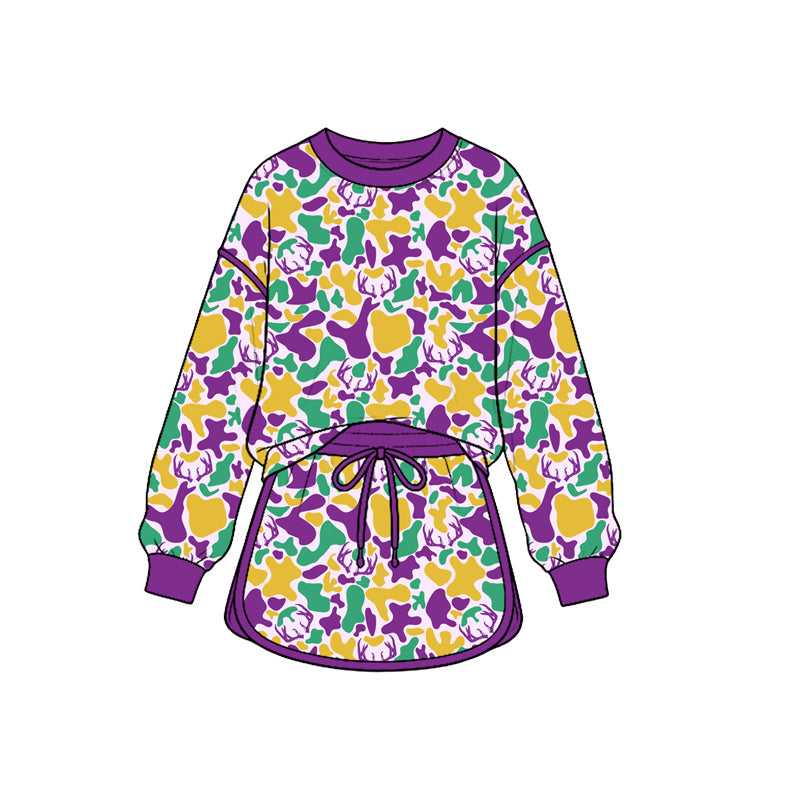 Baby Girls Long Sleeve Mardigras Deer Camo Top Skirt Short Hunting Clothes Set Preorder