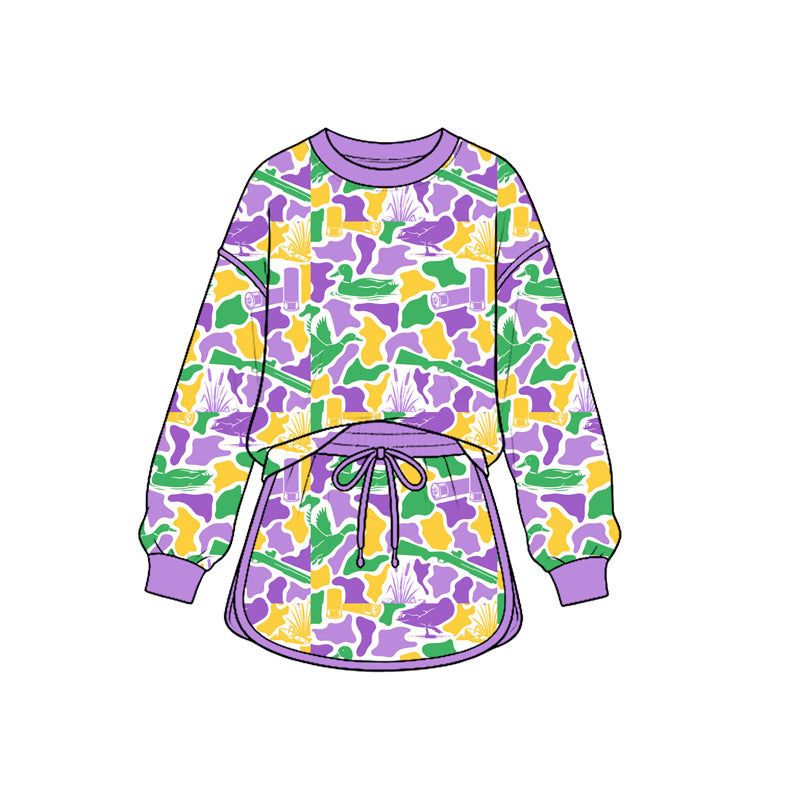 Baby Girls Long Sleeve Mardigras Ducks Camo Top Skirt Short Hunting Clothes Set Preorder